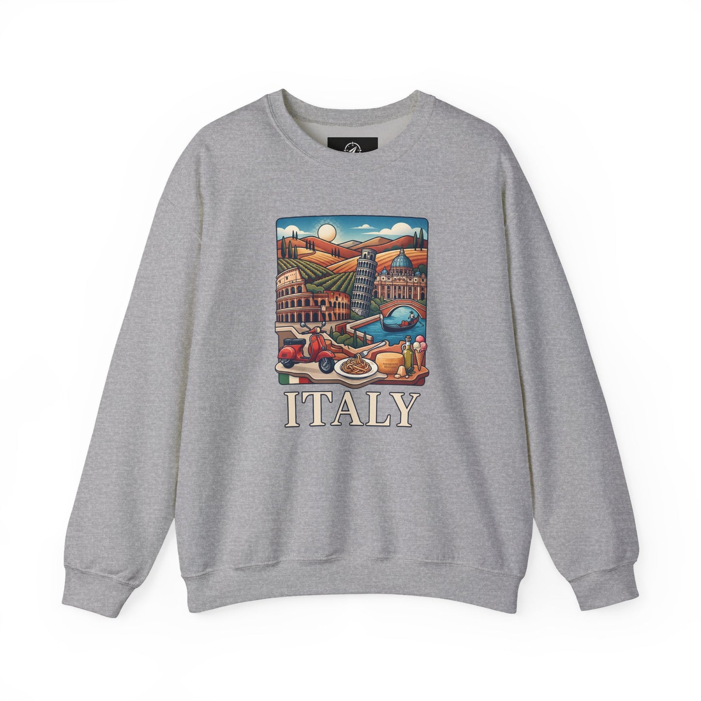 Light gray crewneck sweatshirt with colorful 'ITALY' graphic on the chest