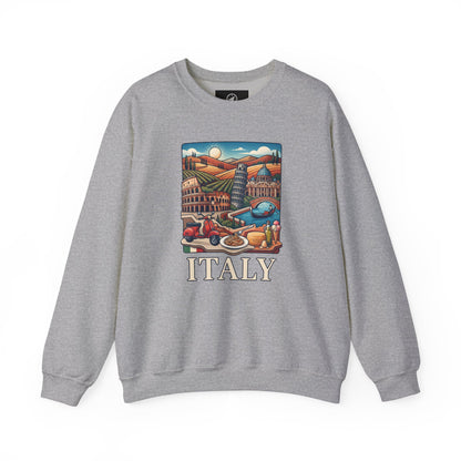 Light gray crewneck sweatshirt with colorful 'ITALY' graphic on the chest
