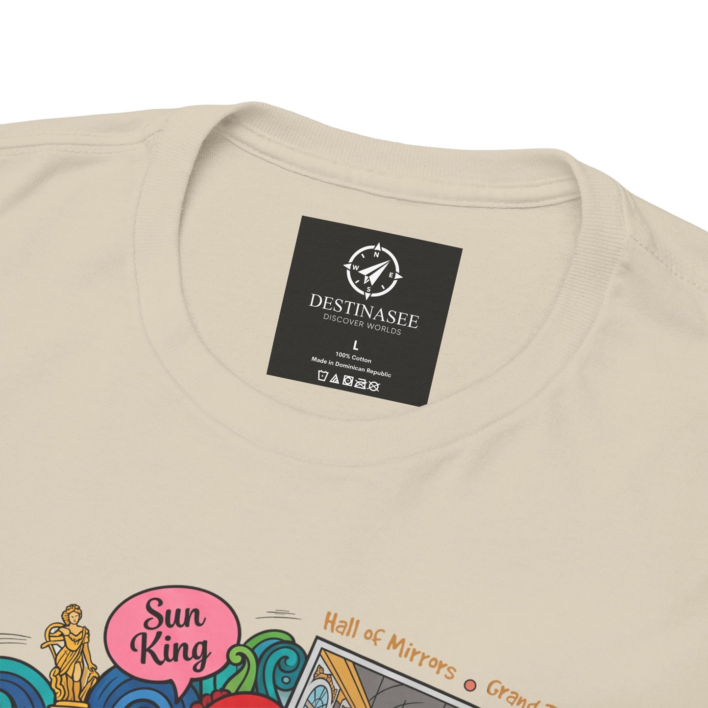 Light natural crewneck T-shirt, small back neck logo and partial colorful graphic.