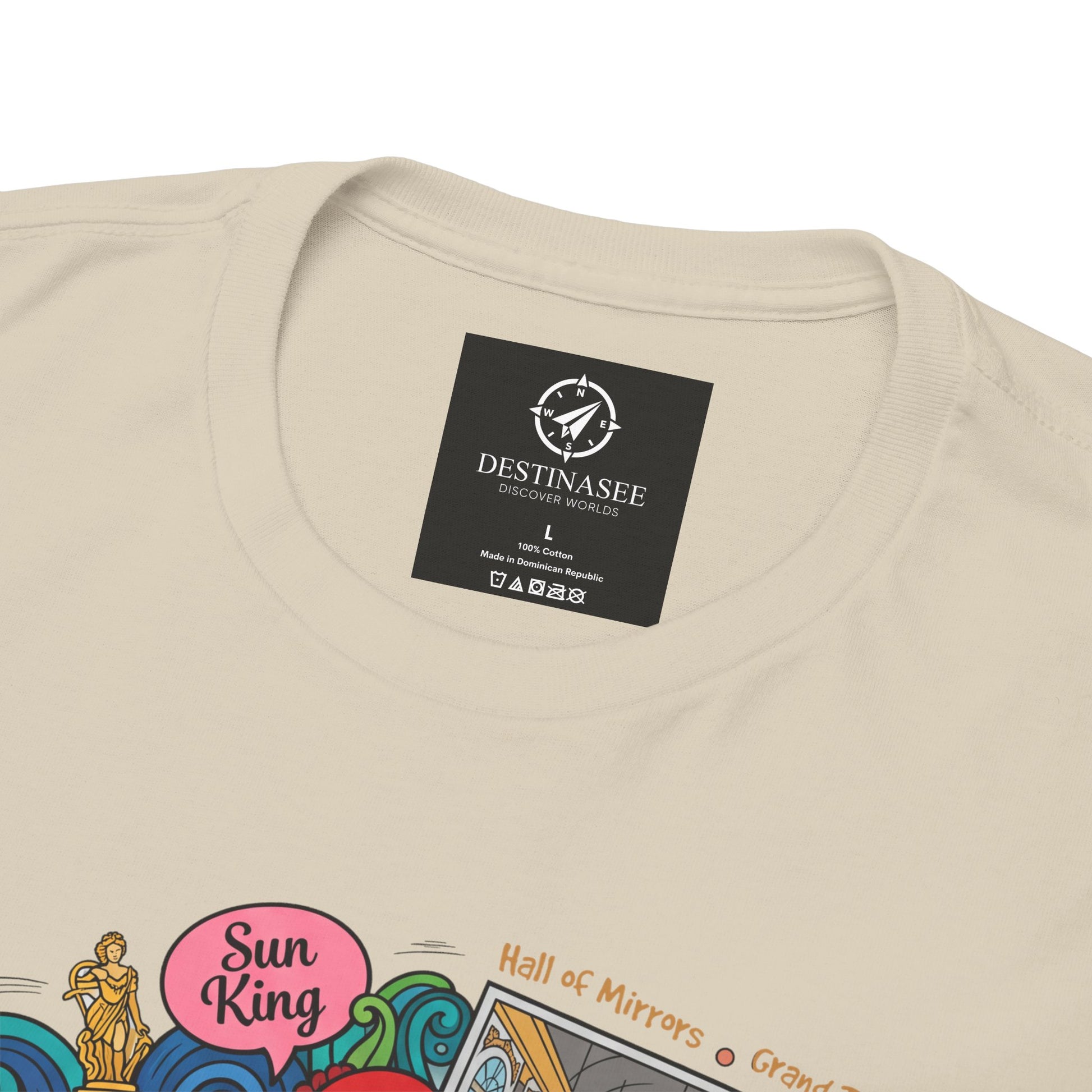 Light natural crewneck T-shirt, small back neck logo and partial colorful graphic.