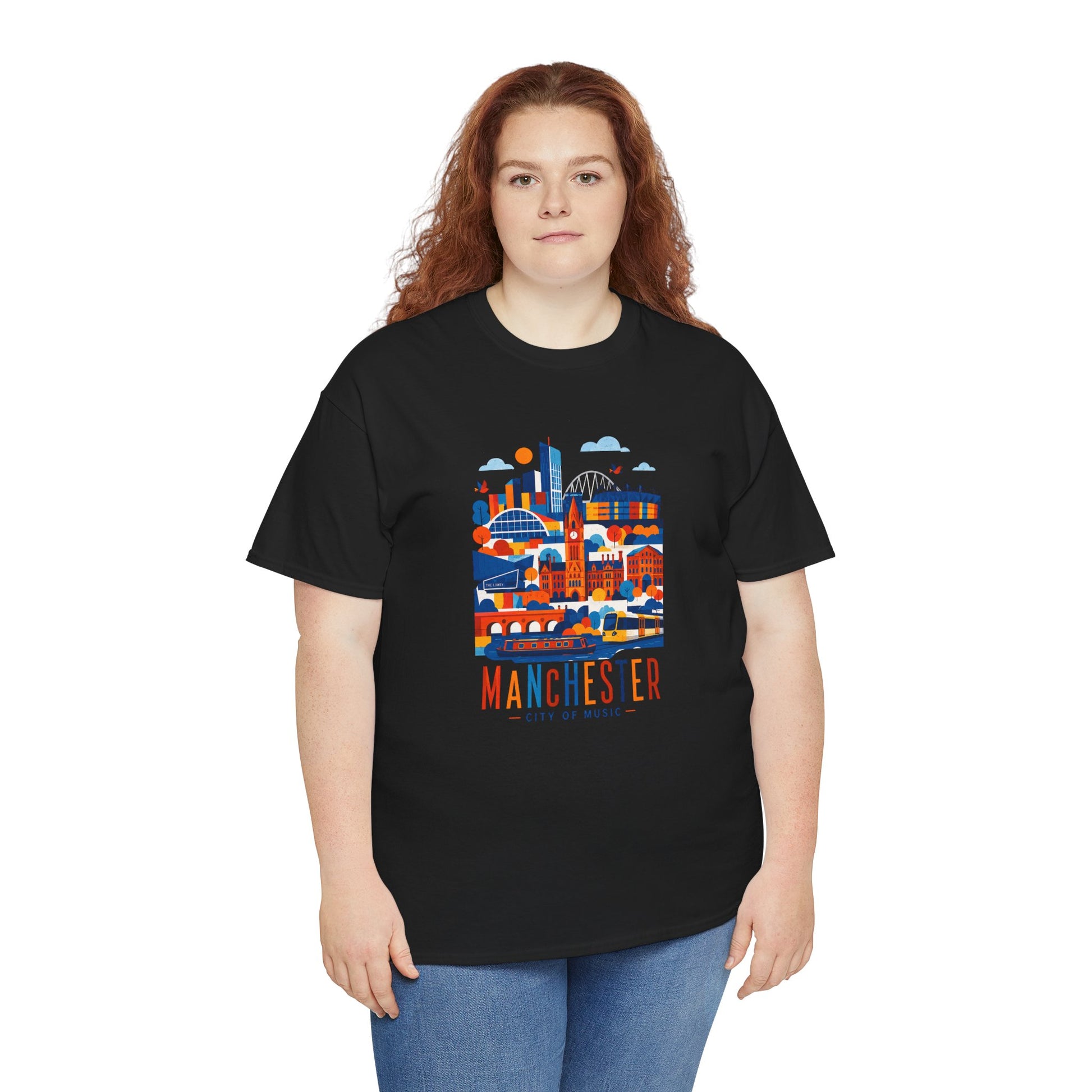 Manchester Skyline T-shirt, black crew neck with Manchester skyline graphic, front view