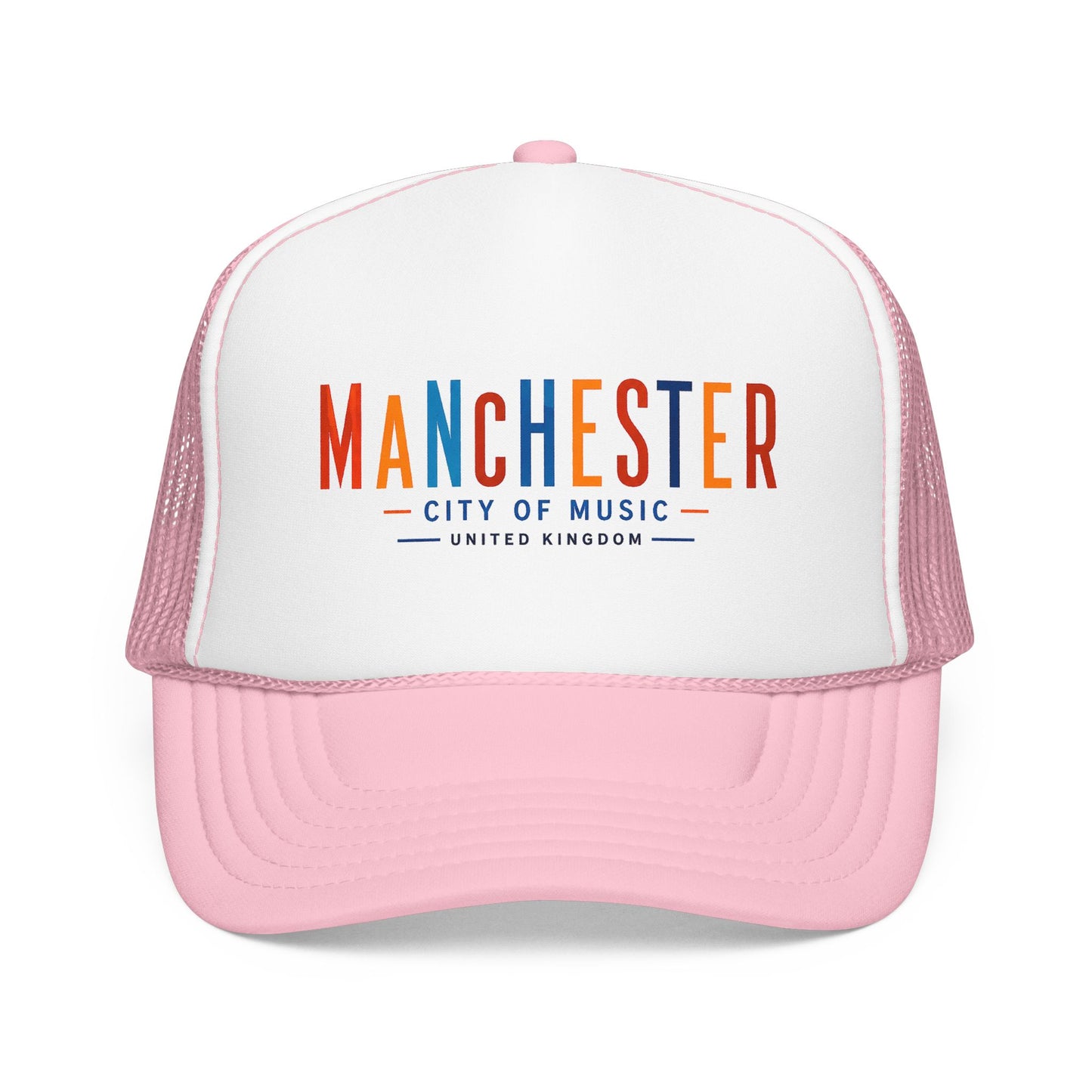 White and light pink trucker hat with Manchester City of Music logo on front.