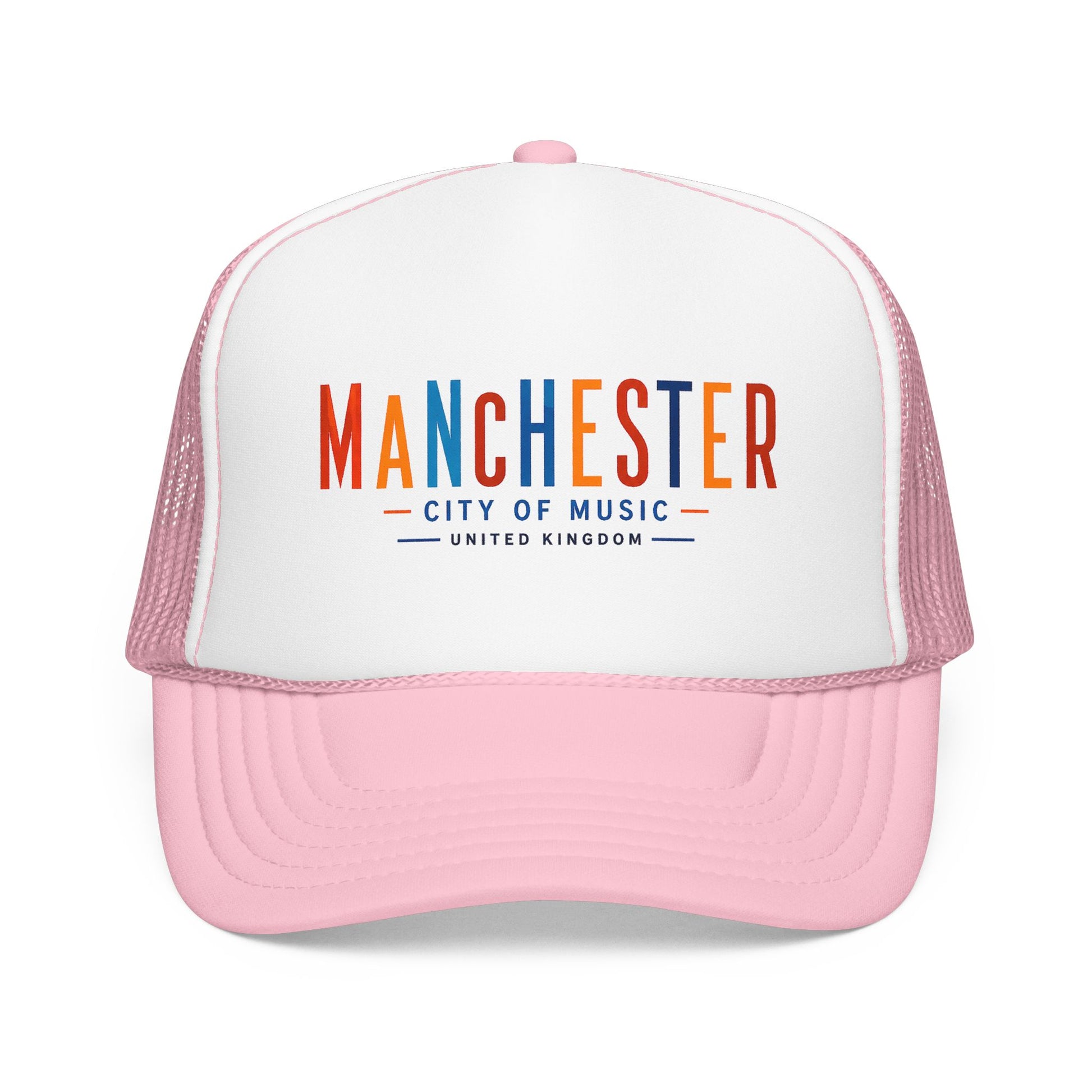 White and light pink trucker hat with Manchester City of Music logo on front.