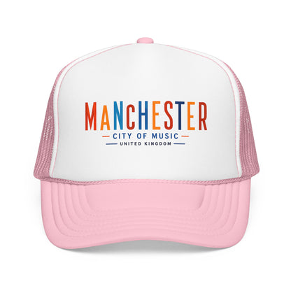 White and light pink trucker hat with Manchester City of Music logo on front.