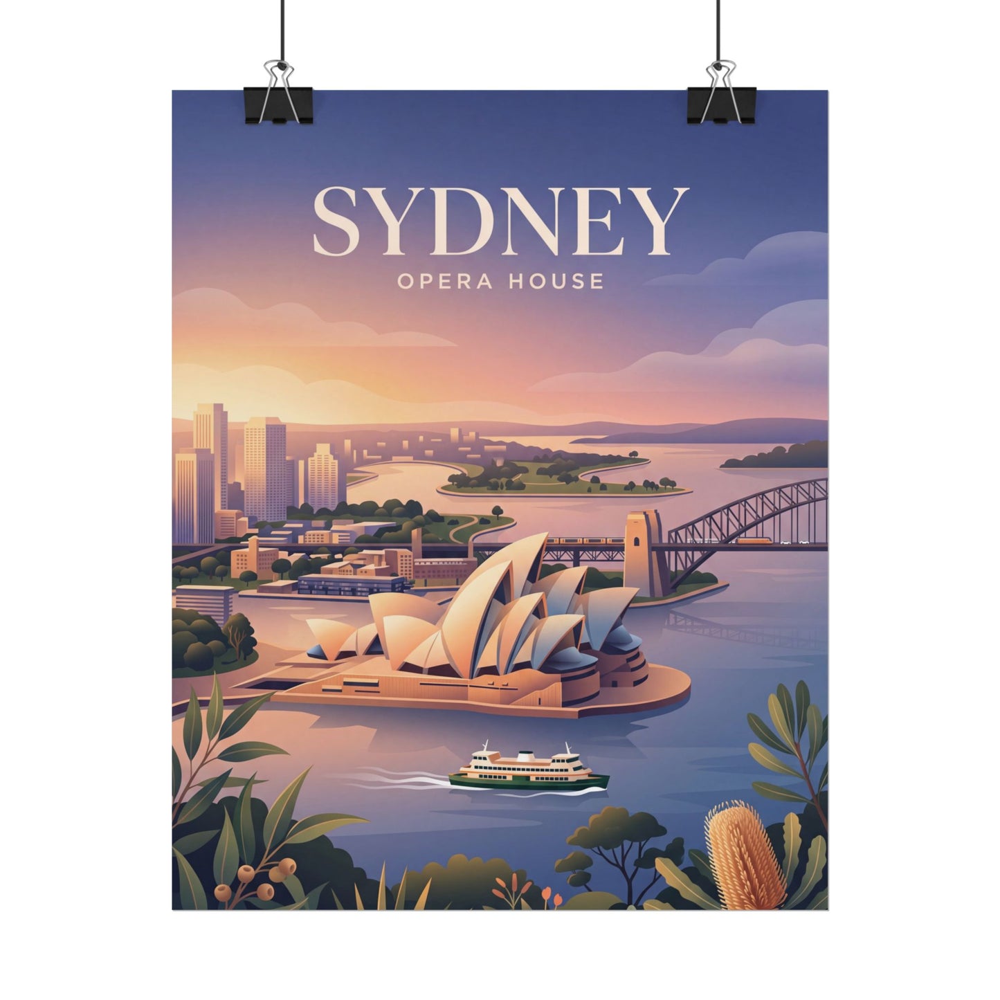 Sydney Opera House rolled poster with sunset harbor skyline and SYDNEY title text