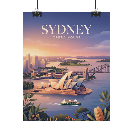 Sydney Opera House rolled poster with sunset harbor skyline and SYDNEY title text