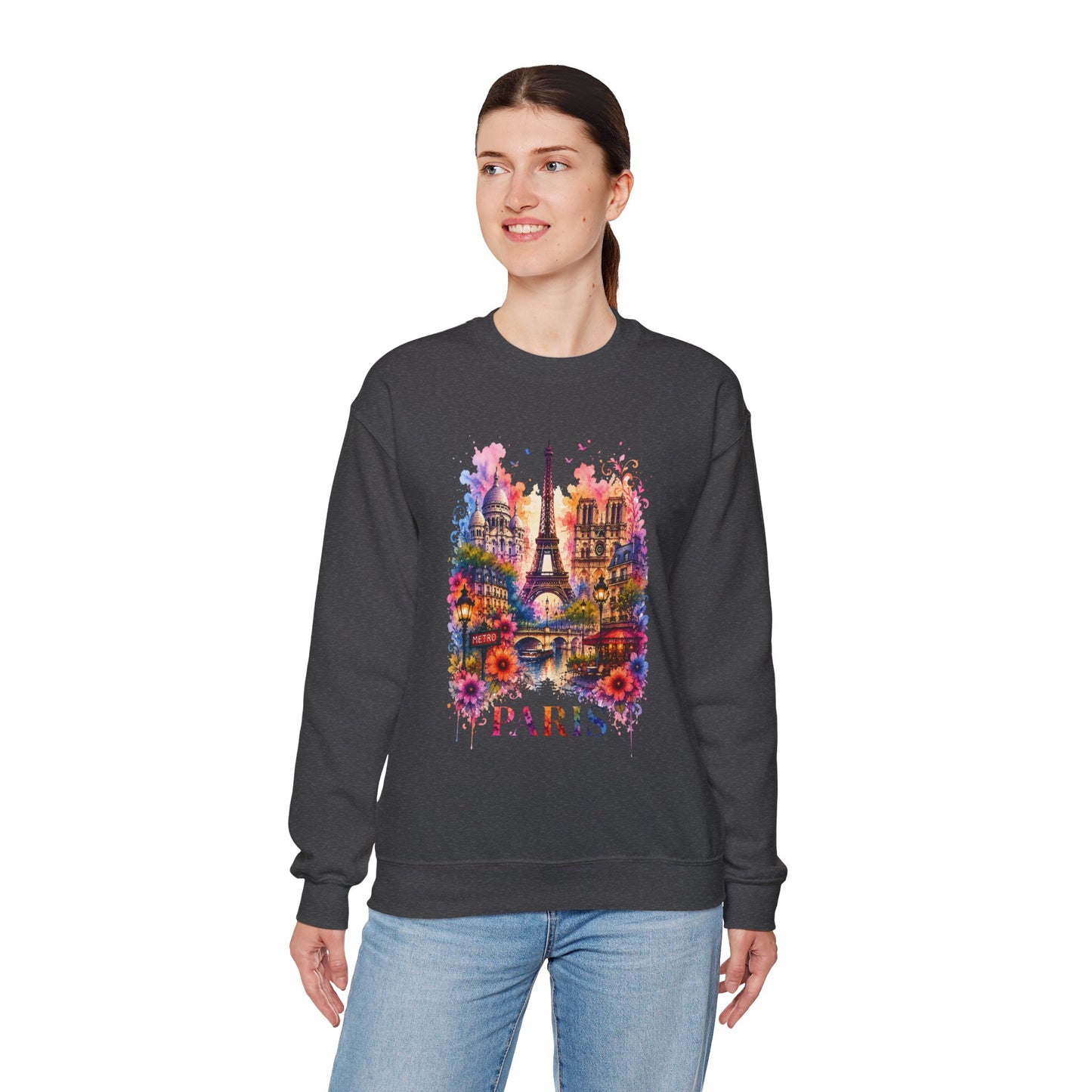 Dark heather crewneck sweatshirt with watercolor Eiffel Tower and floral graphic, PARIS text