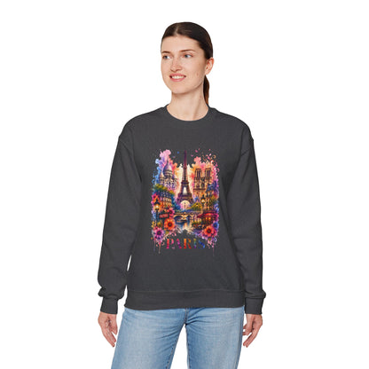 Dark heather crewneck sweatshirt with watercolor Eiffel Tower and floral graphic, PARIS text