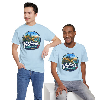 Australia-themed travel T-shirt in light blue, front oval city graphic on models