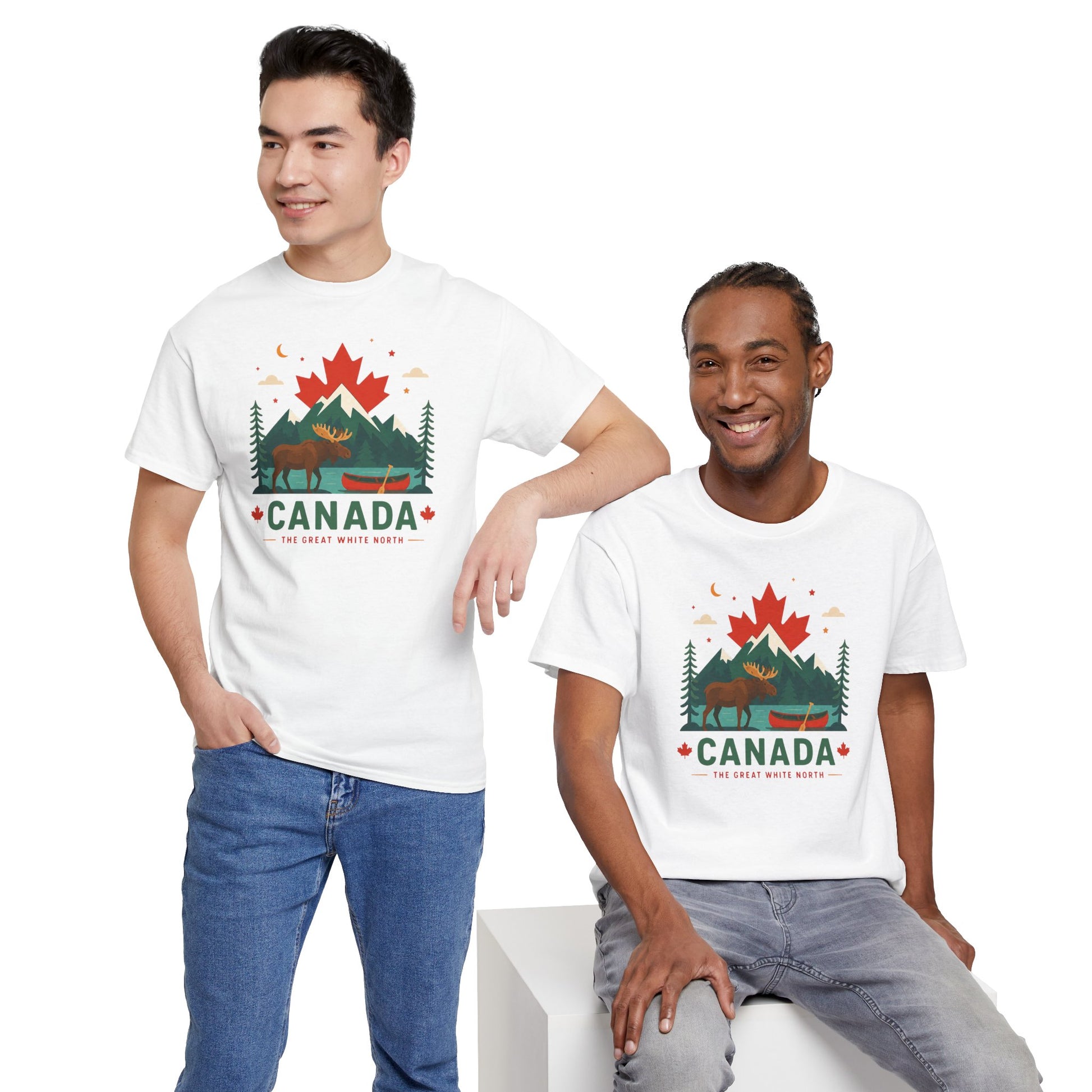 White T-shirt on two models with Canada scenic graphic and “CANADA” print