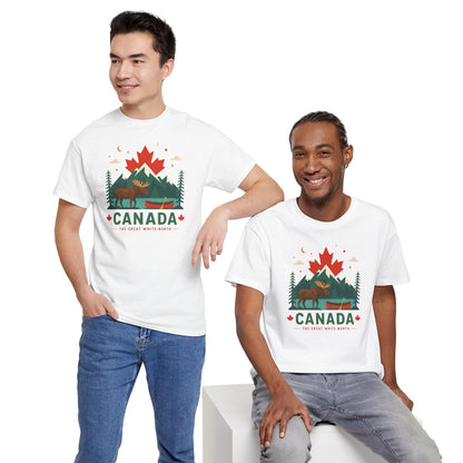 White T-shirt on two models with Canada scenic graphic and “CANADA” print