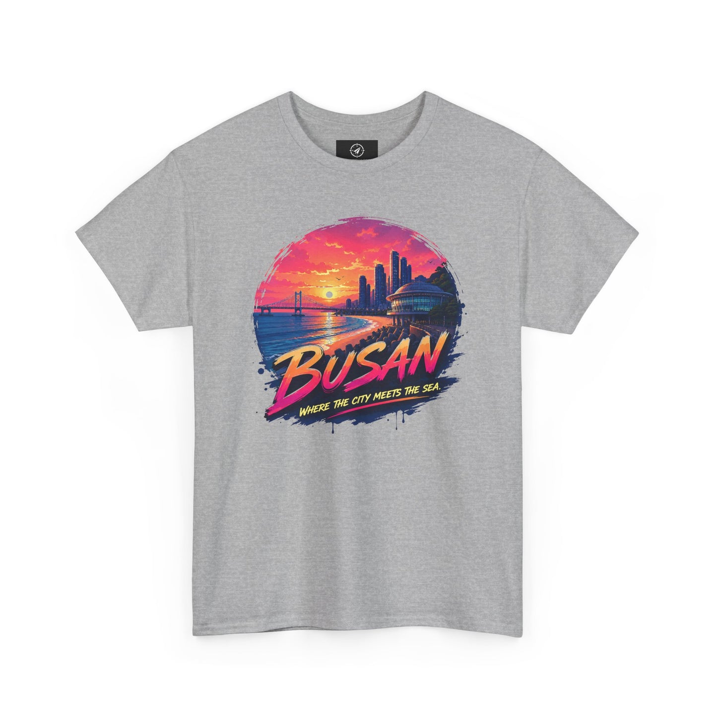 Light gray crew-neck T-shirt with a “Busan” seaside sunset graphic circle on front.