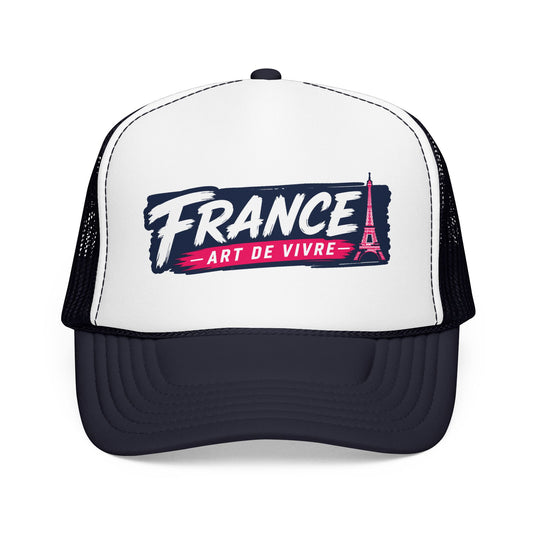 Trucker hat with white front panels, dark navy mesh sides, and 'FRANCE' graphic