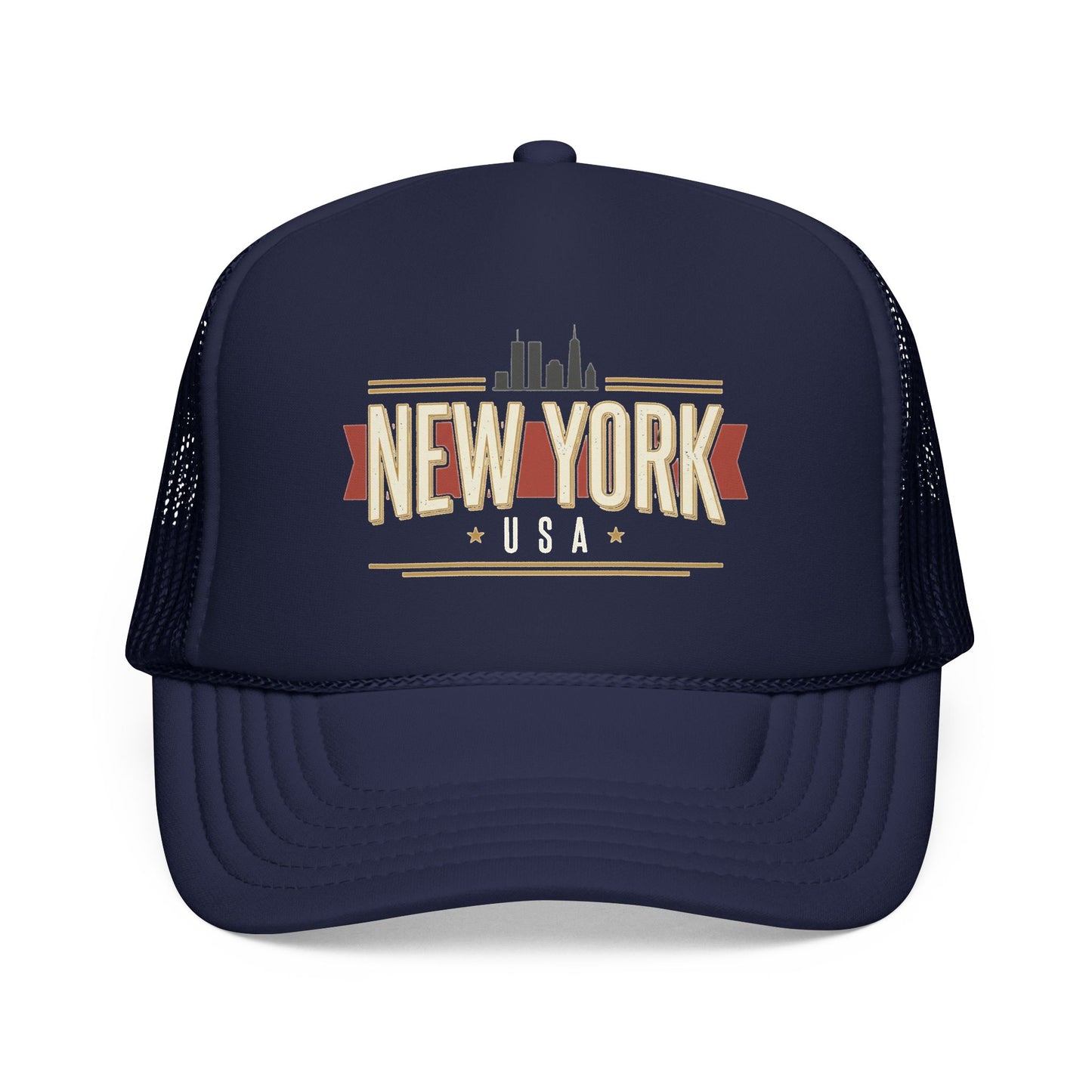 Dark navy foam trucker hat with New York USA front graphic and mesh side panels
