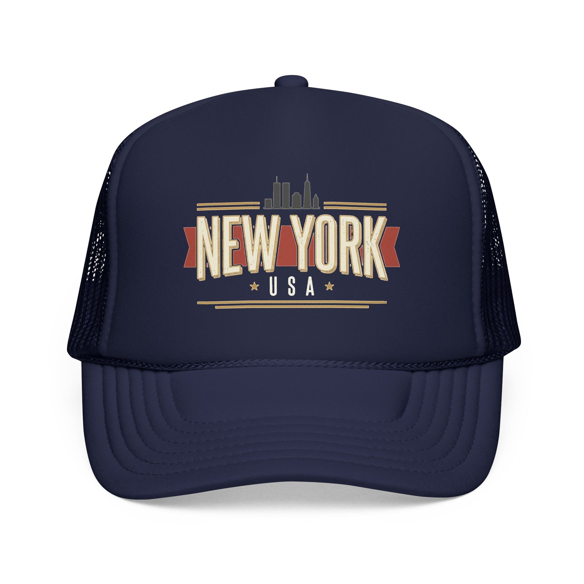 Dark navy foam trucker hat with New York USA front graphic and mesh side panels