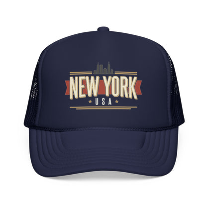 Dark navy foam trucker hat with New York USA front graphic and mesh side panels
