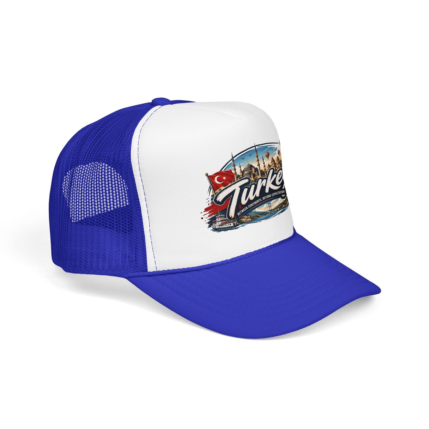 Blue and white trucker hat with mesh back, curved brim, and front Turkey graphic