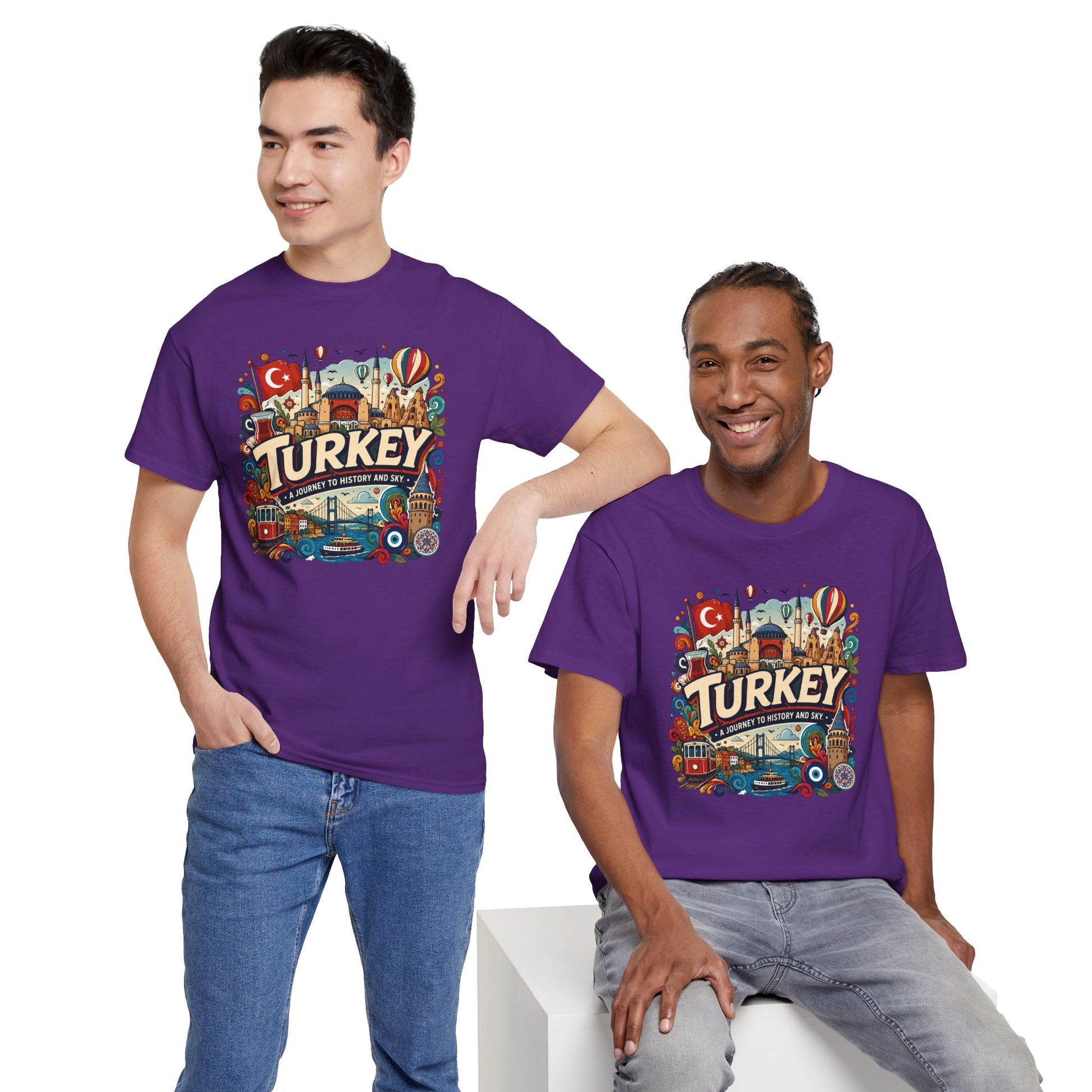 Purple graphic tee with colorful Turkey front emblem print