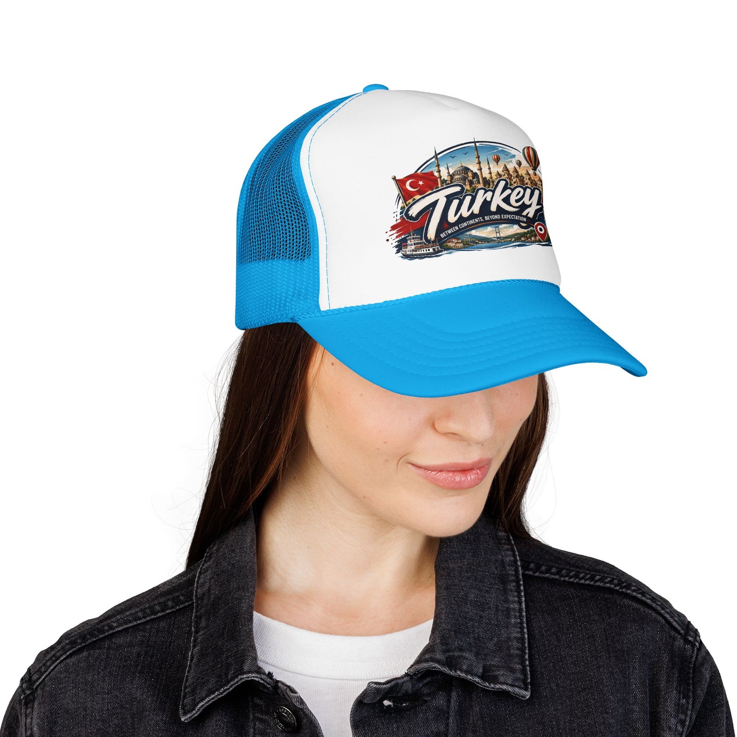 Blue-and-white trucker cap on woman with front Turkey graphic patch