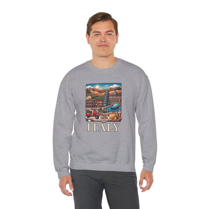 Gray crewneck sweatshirt with colorful 'ITALY' graphic on the chest