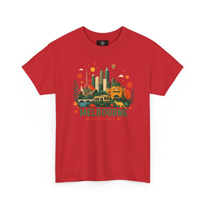 Melbourne skyline t-shirt in red, front graphic city skyline with “Melbourne Australia” text