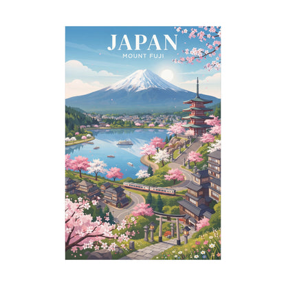 Square stretched canvas print with Mount Fuji, pagoda, and cherry blossom trees.