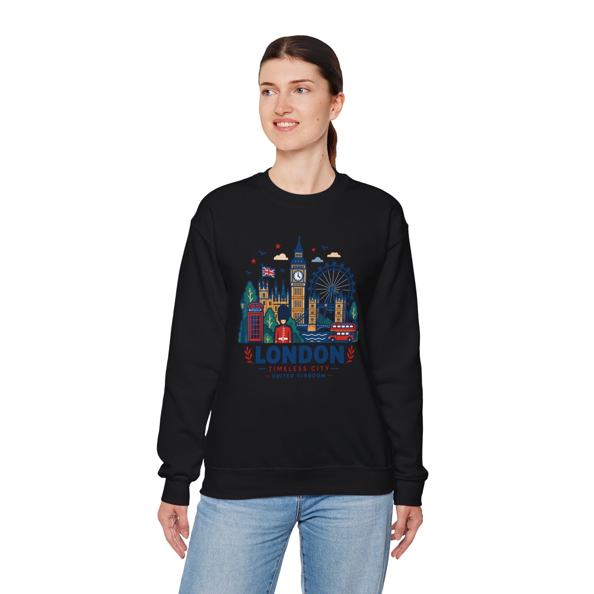 Black crewneck sweatshirt with colorful London skyline graphic on the front