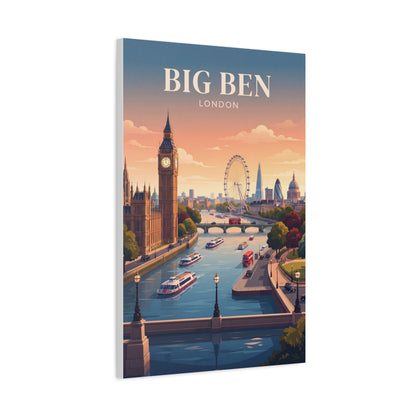 Matte canvas wall art showing Big Ben, London skyline, and Ferris wheel beside the river