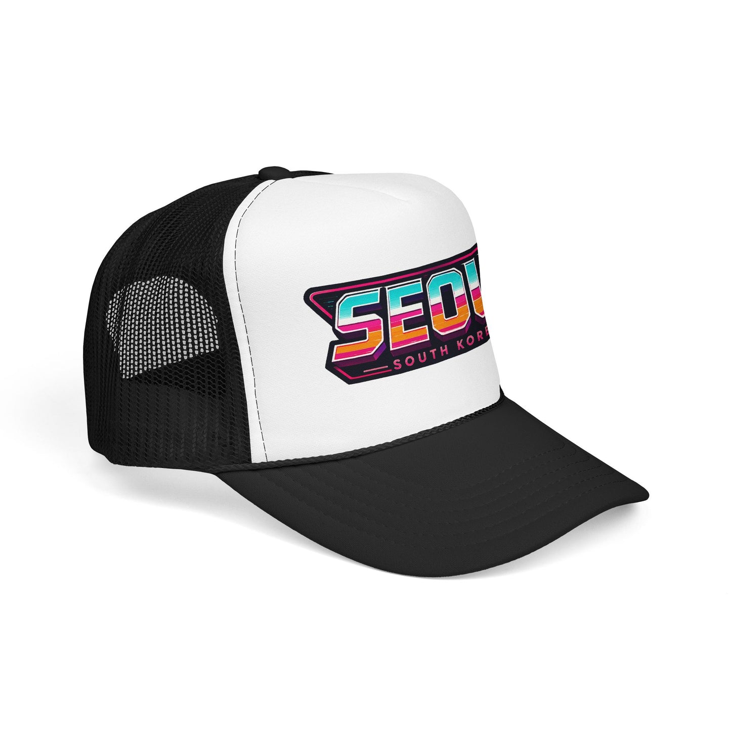 Black and white trucker hat with colorful Seoul graphic patch and curved brim