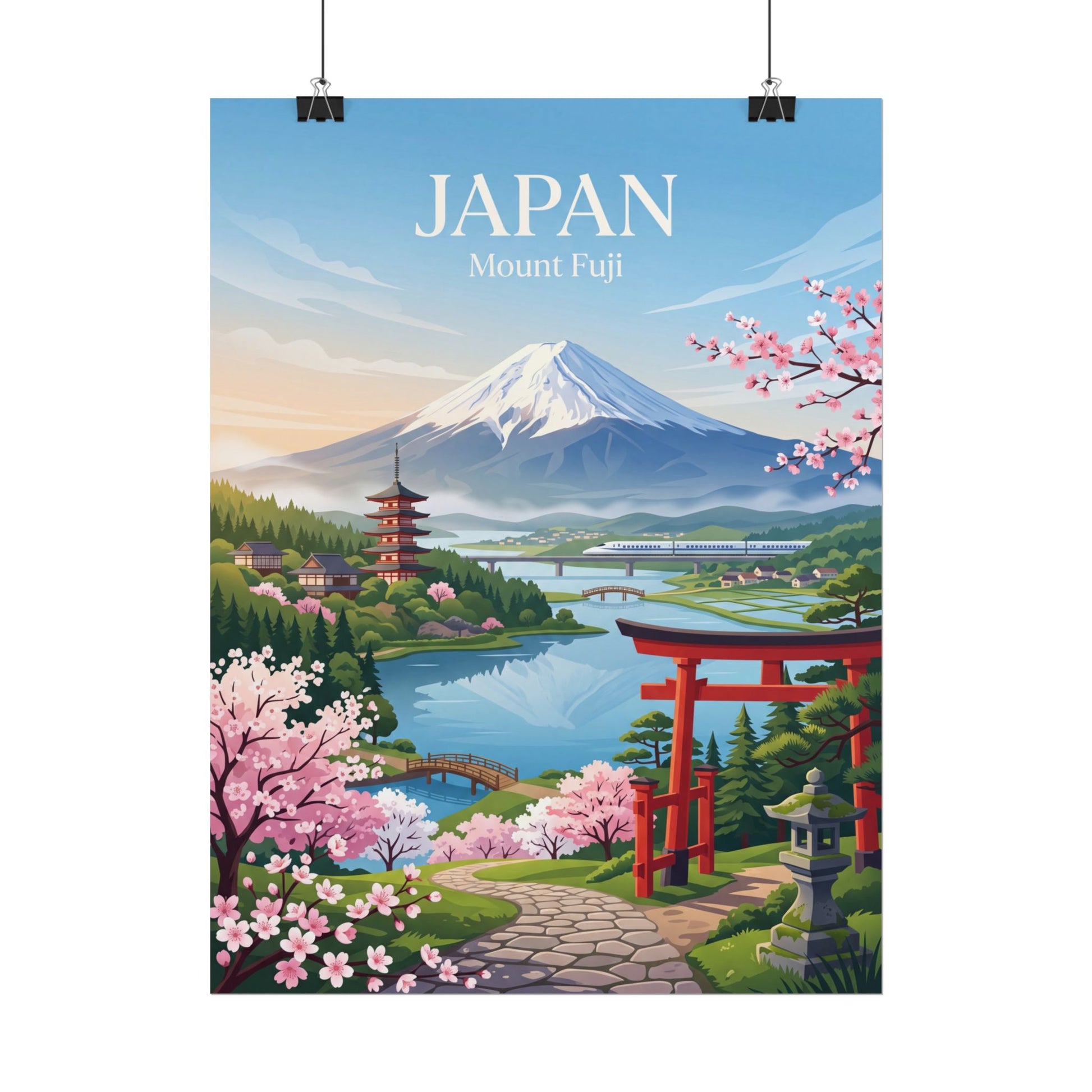 Rolled poster featuring JAPAN Mount Fuji, red torii gate, and pink cherry blossoms