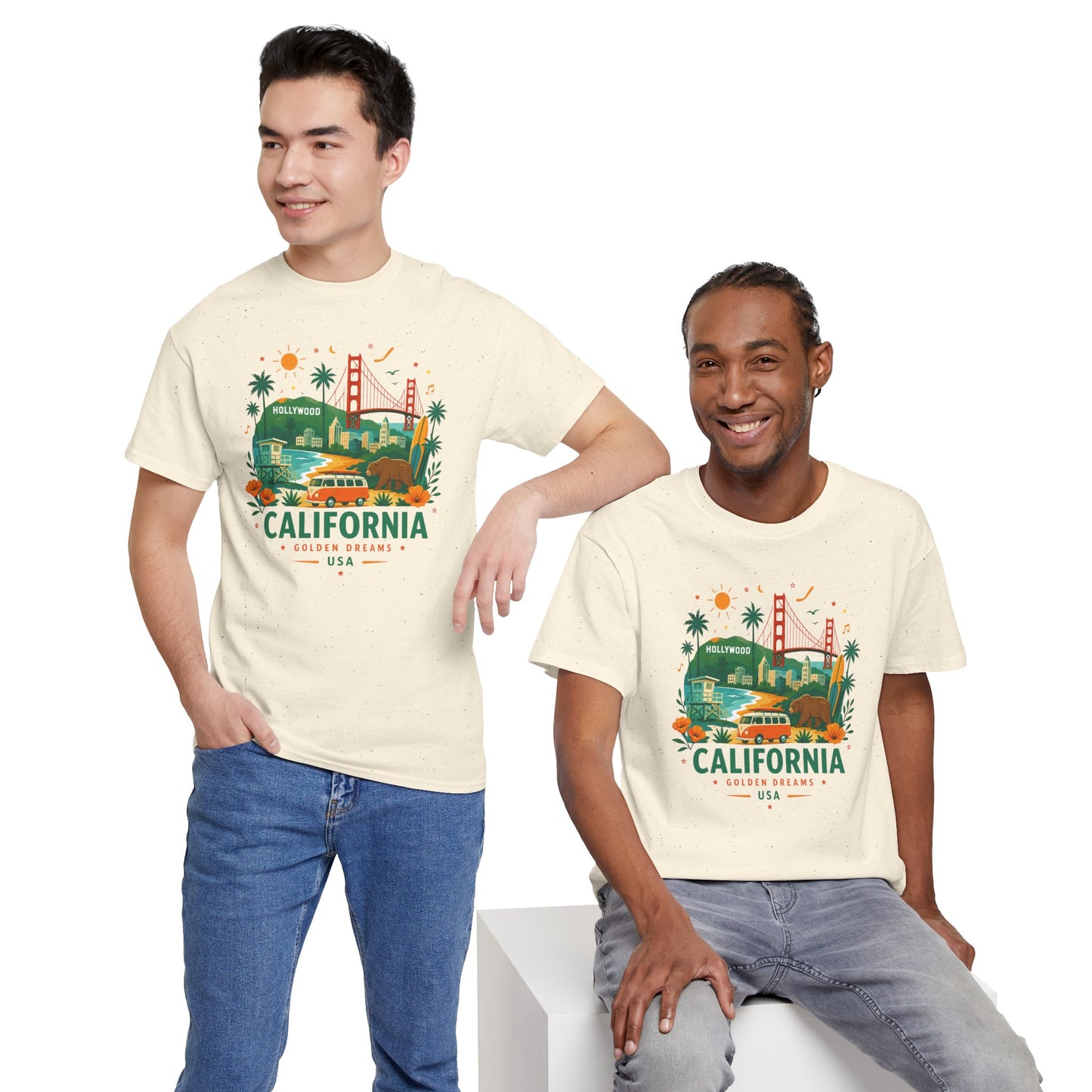 Natural unisex T-shirts with crew neck and colorful California skyline graphic