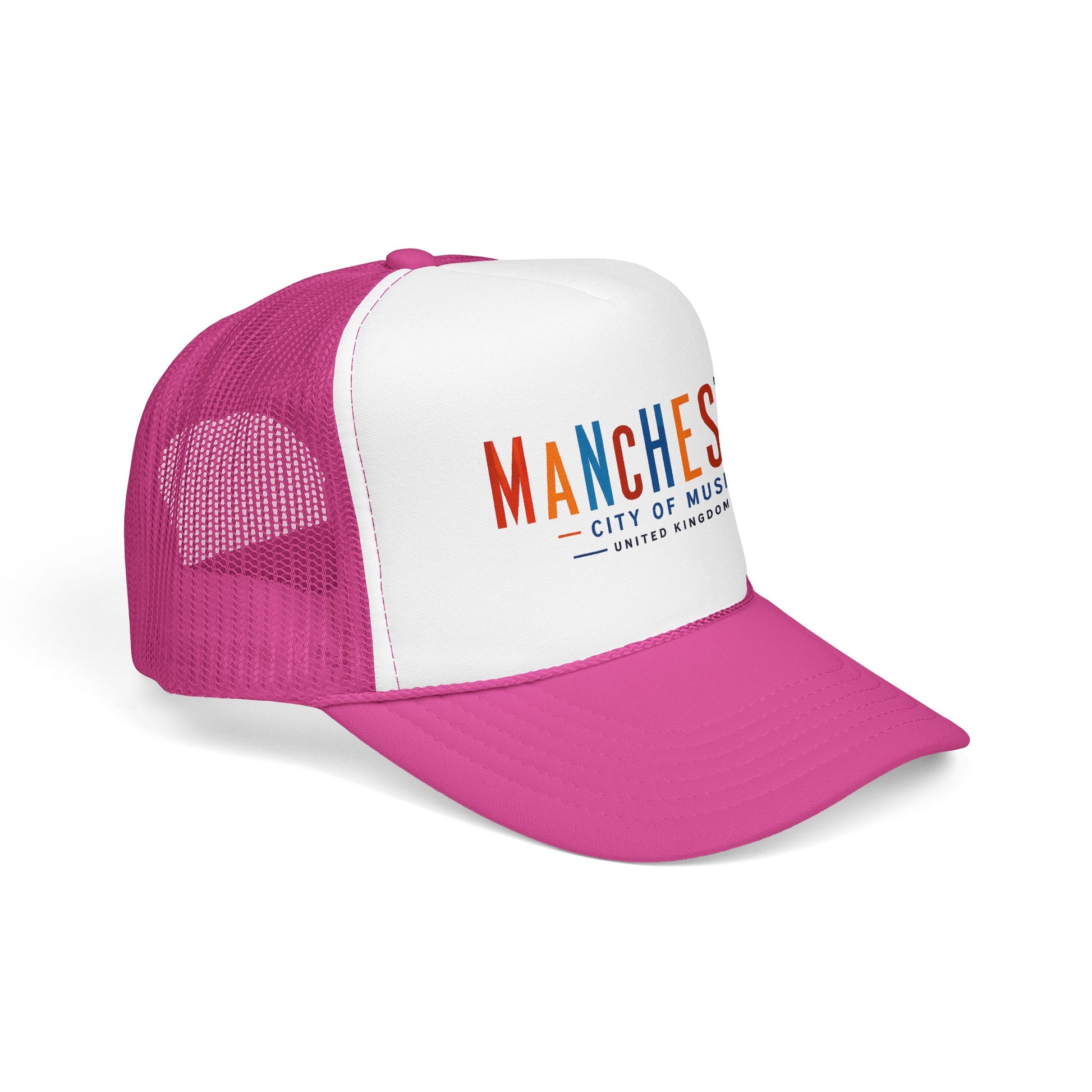 Manchester City trucker hat with white front, magenta mesh back, curved pink brim