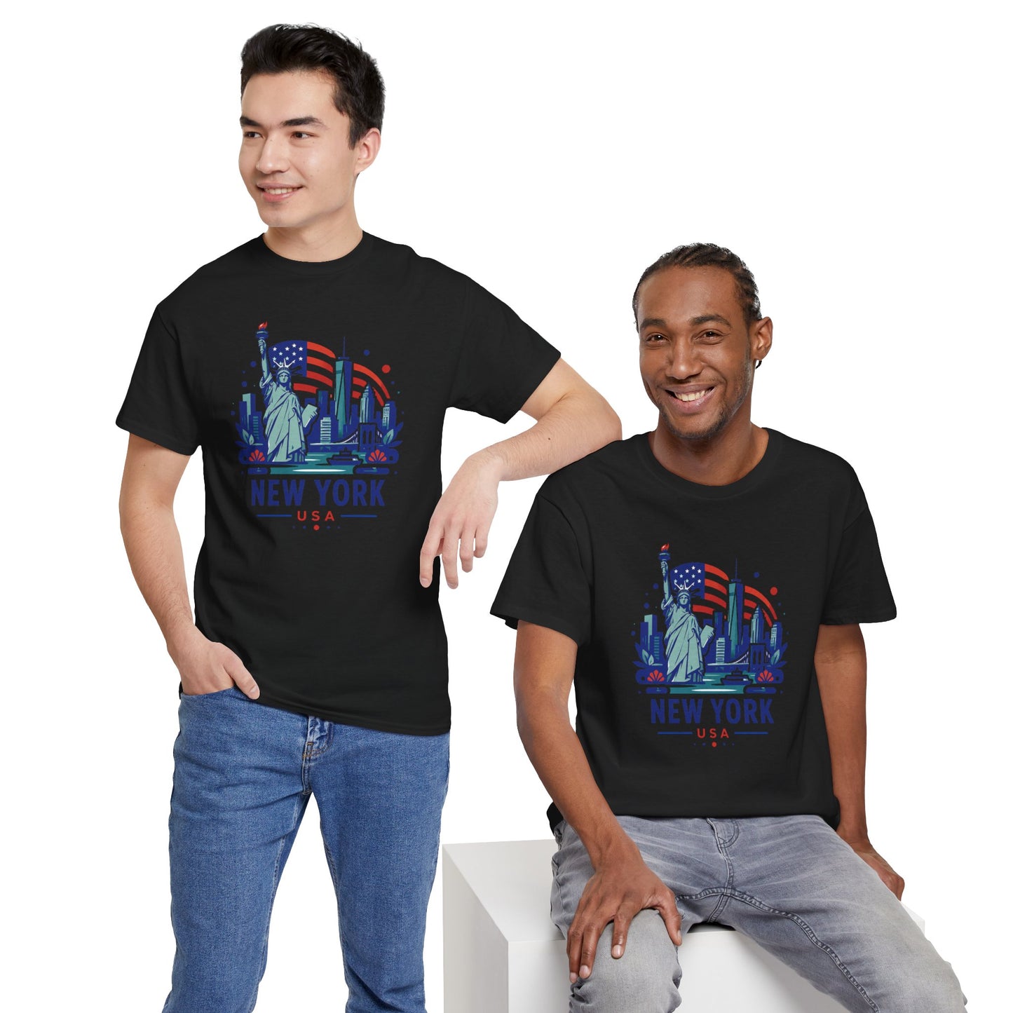 Black T-shirt with Statue of Liberty “NEW YORK USA” front print, worn by two models