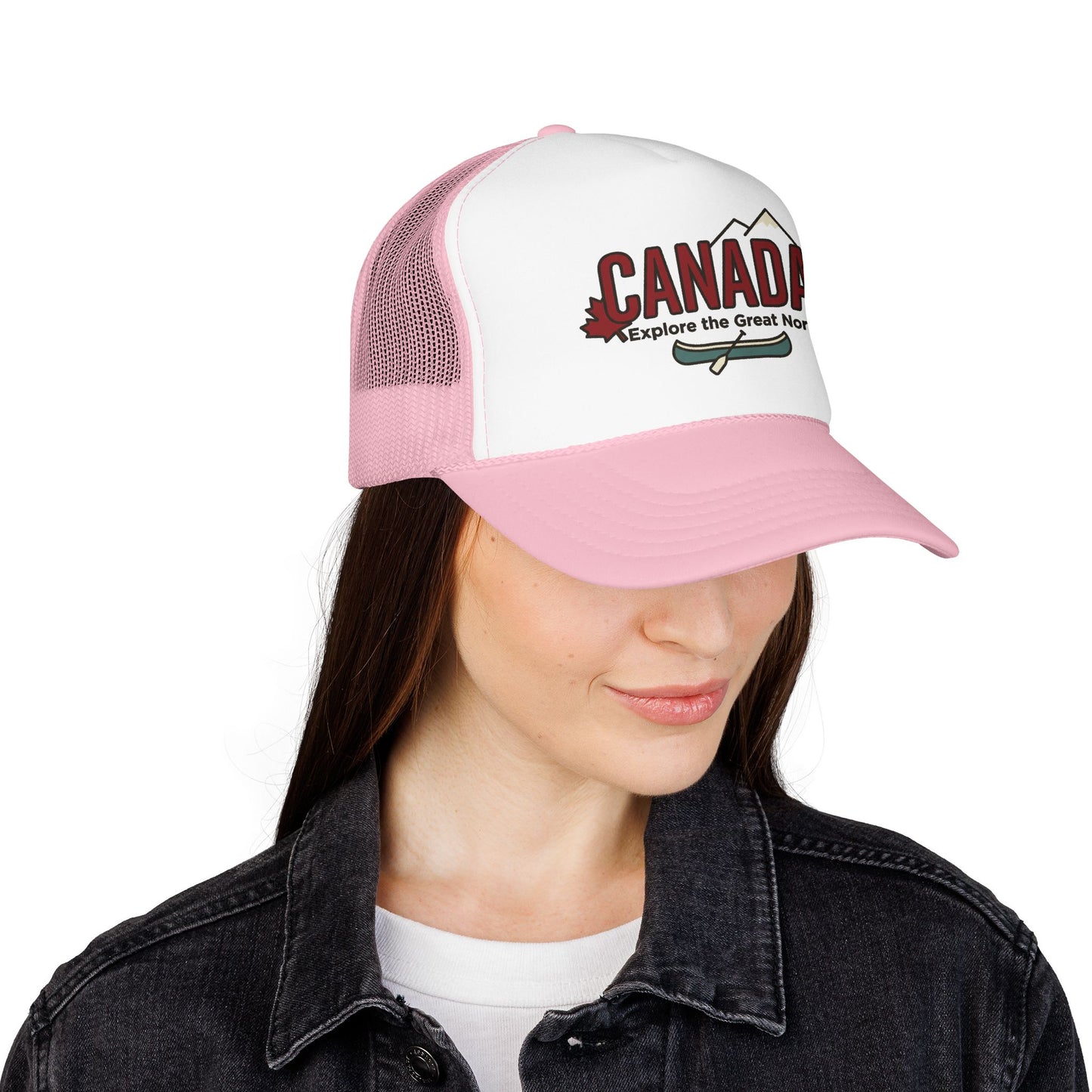 Side view light pink mesh trucker hat with white front panel and Canada emblem