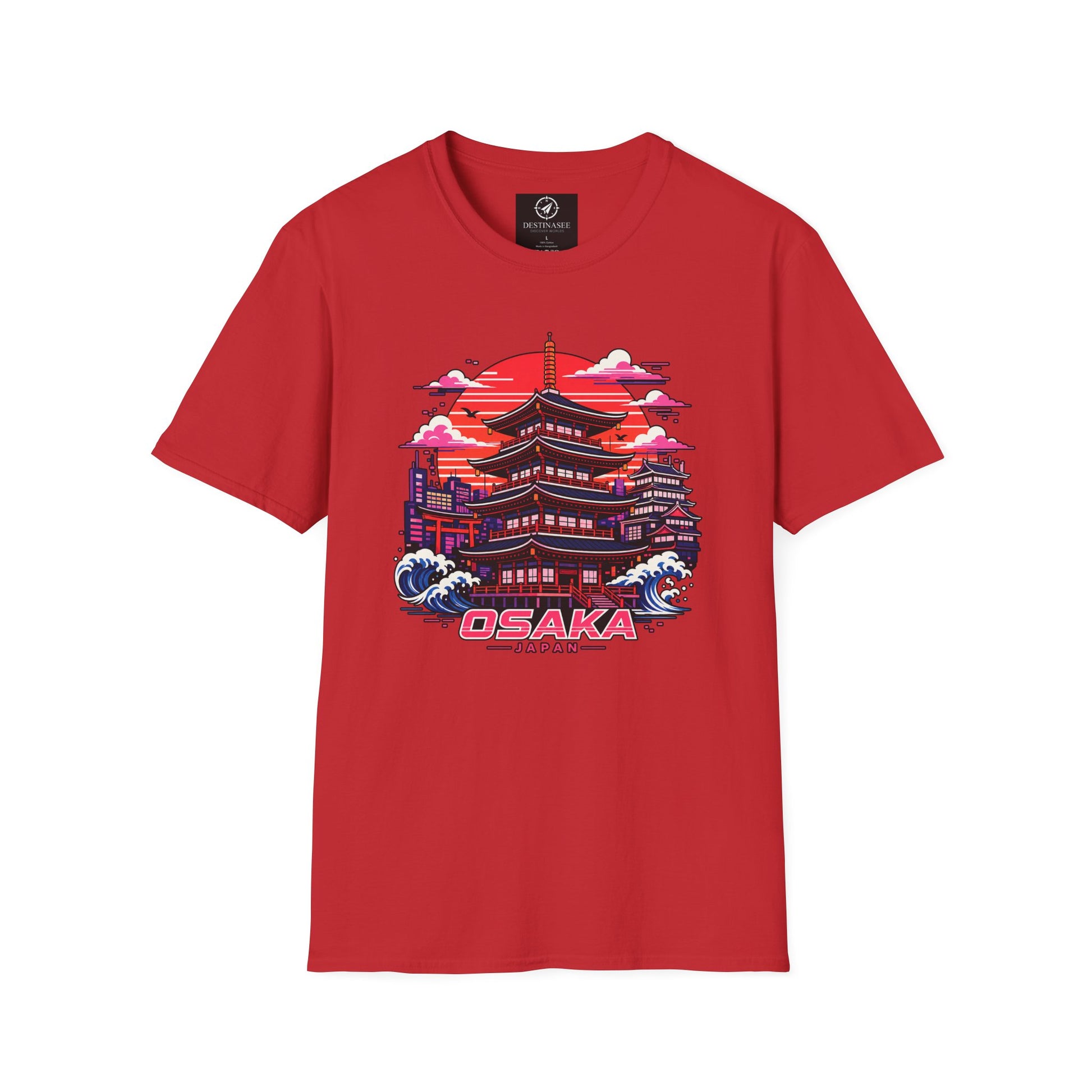 Red T-shirt with Osaka graphic print on the front.