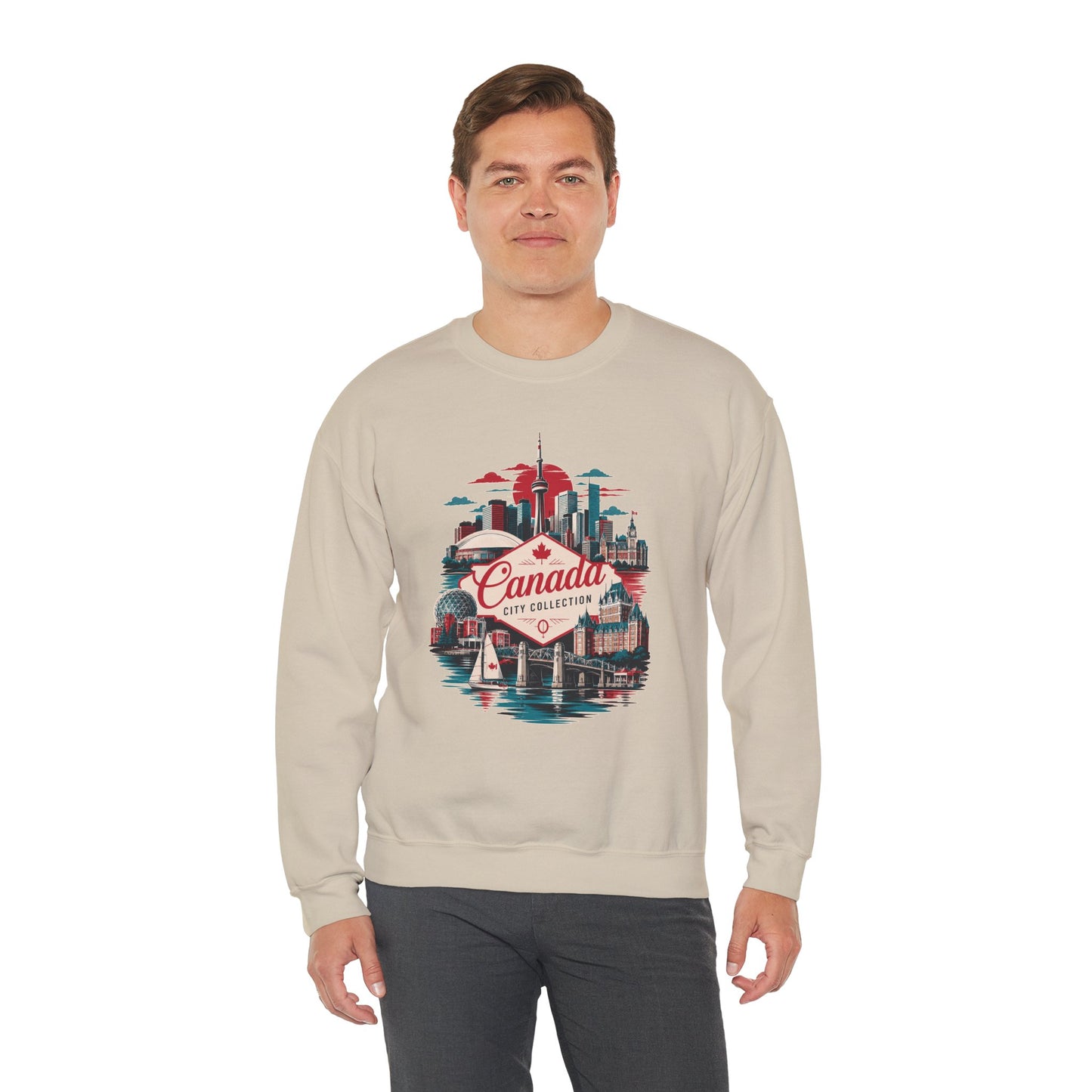 Sand/beige crewneck sweatshirt with multicolor Toronto Canada graphic on front.