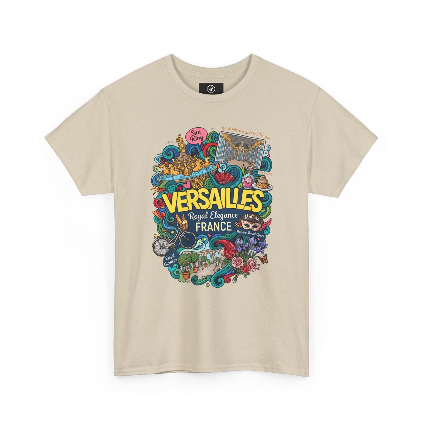 Sand beige crewneck T-shirt with colorful Versailles France graphic illustration