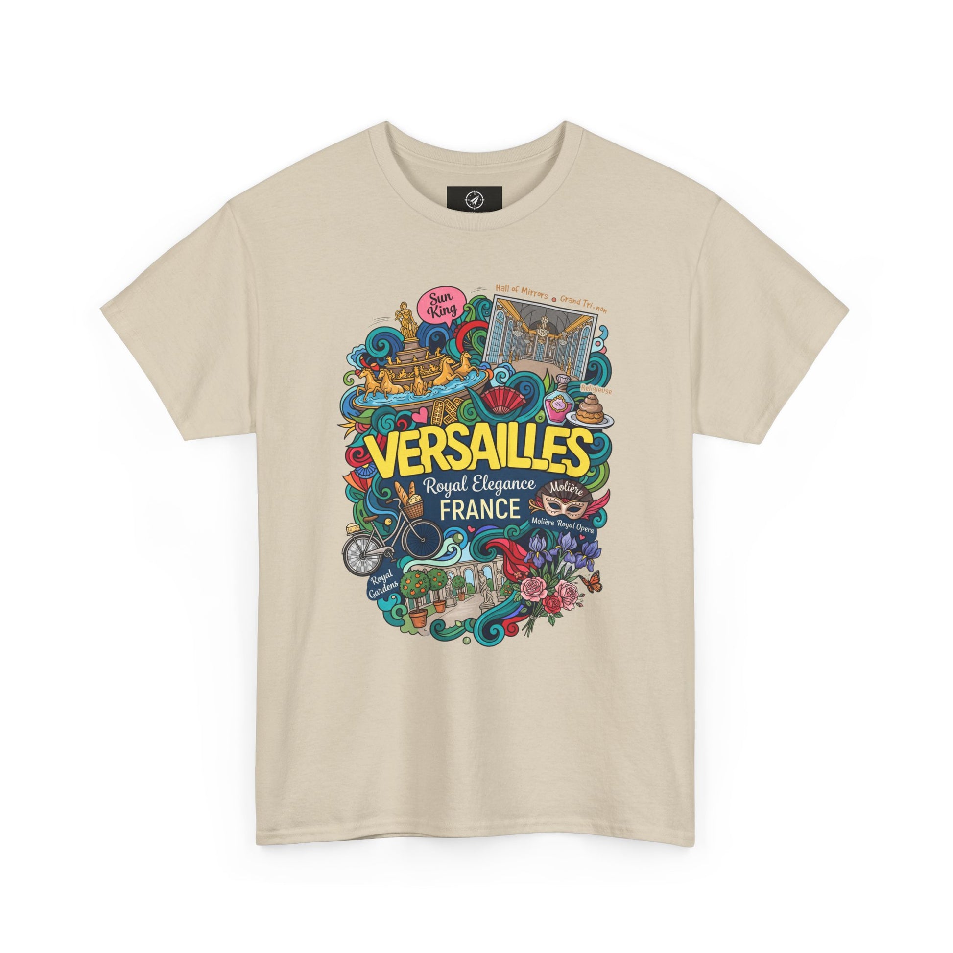 Sand beige crewneck T-shirt with colorful Versailles France graphic illustration