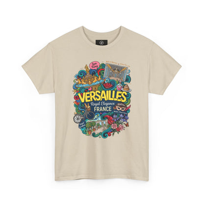 Sand beige crewneck T-shirt with colorful Versailles France graphic illustration
