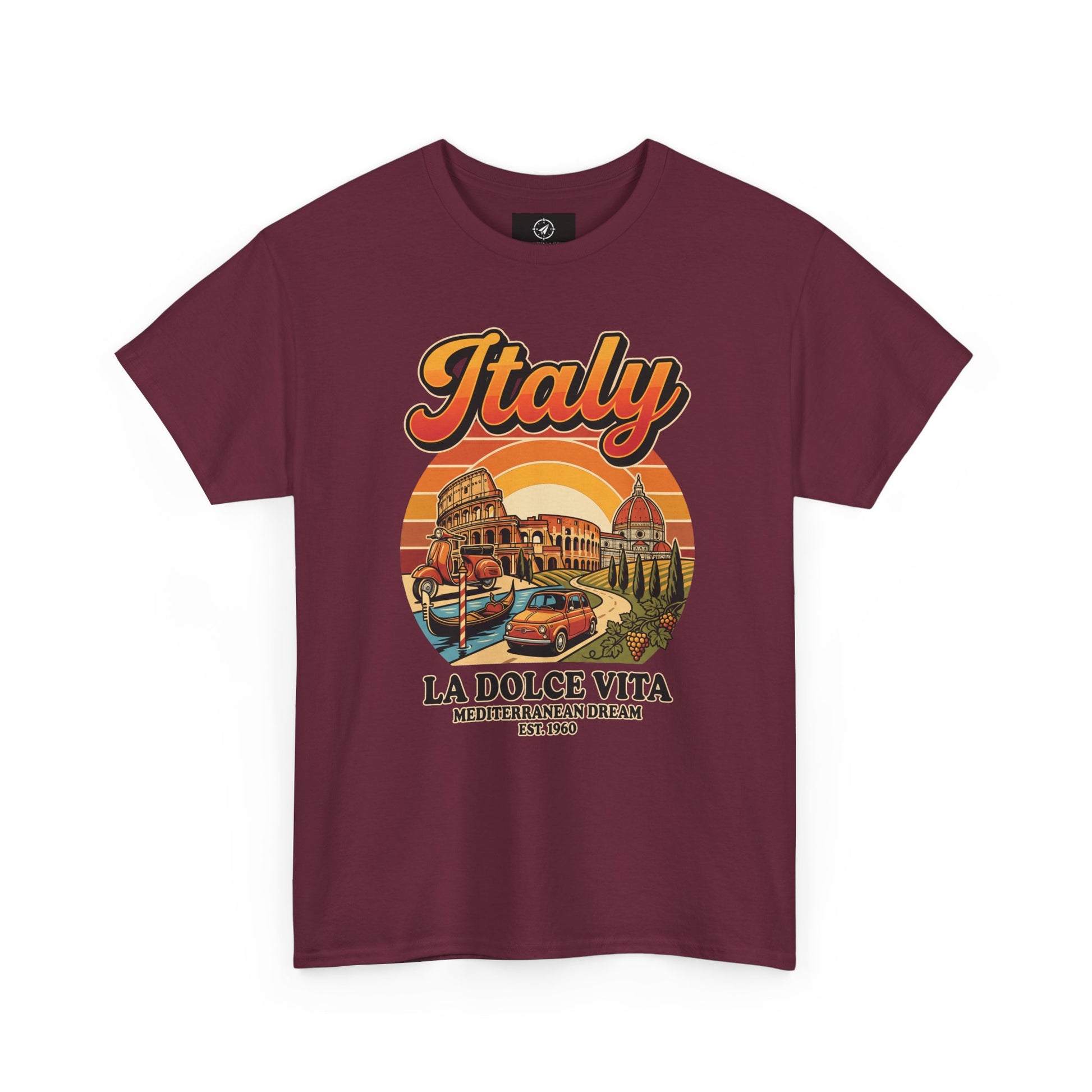 Burgundy vintage T-shirt with “Italy” graphic and “La Dolce Vita” print