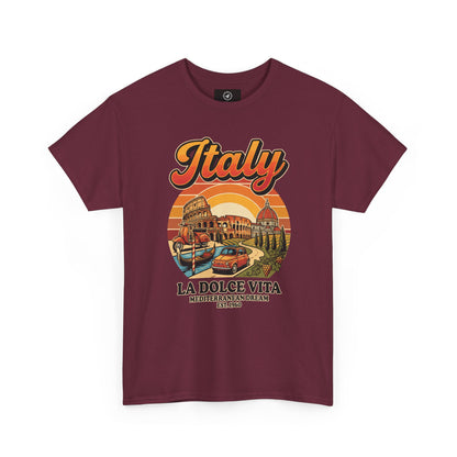 Burgundy vintage T-shirt with “Italy” graphic and “La Dolce Vita” print