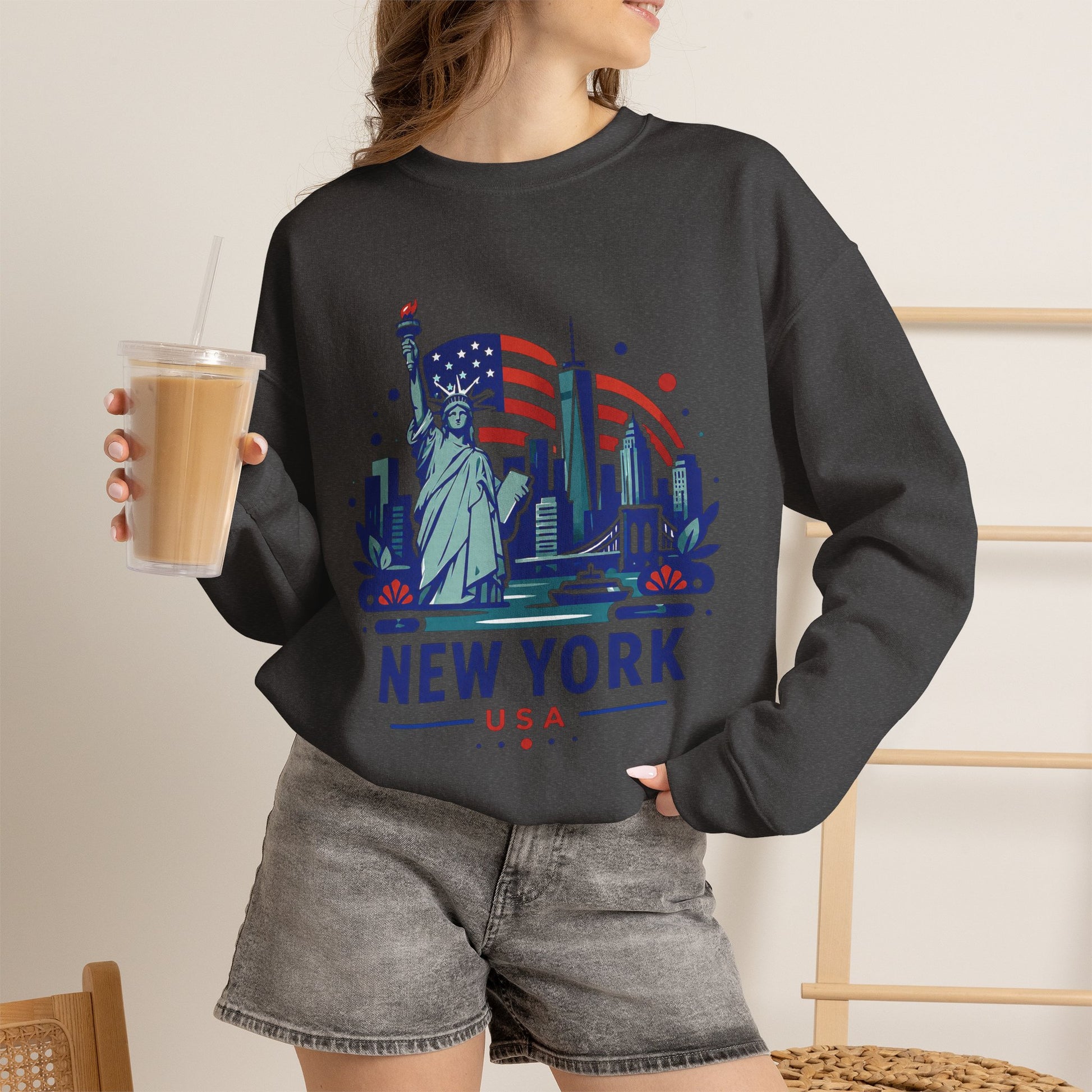 Black crewneck sweatshirt with New York USA skyline graphic