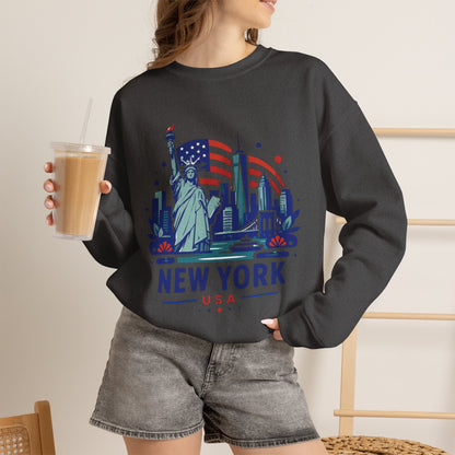 Black crewneck sweatshirt with New York USA skyline graphic