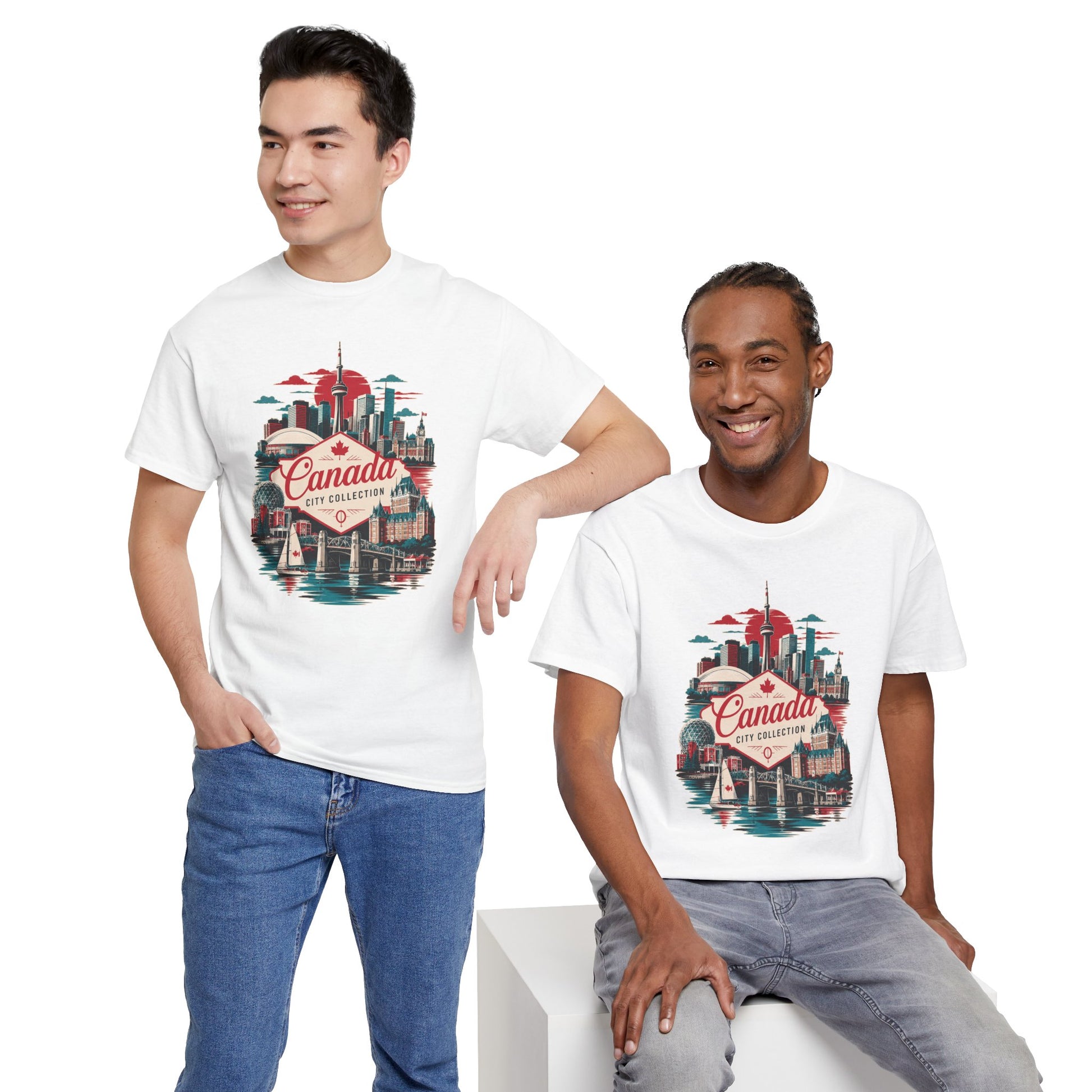 White crew-neck T-shirt with Canada city skyline graphic, worn by two models