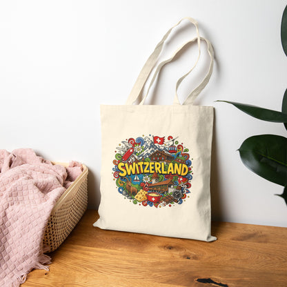 Natural canvas tote bag with Switzerland graphic, shown upright