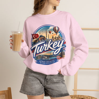 Light pink crewneck sweatshirt with Turkey graphic, worn on model