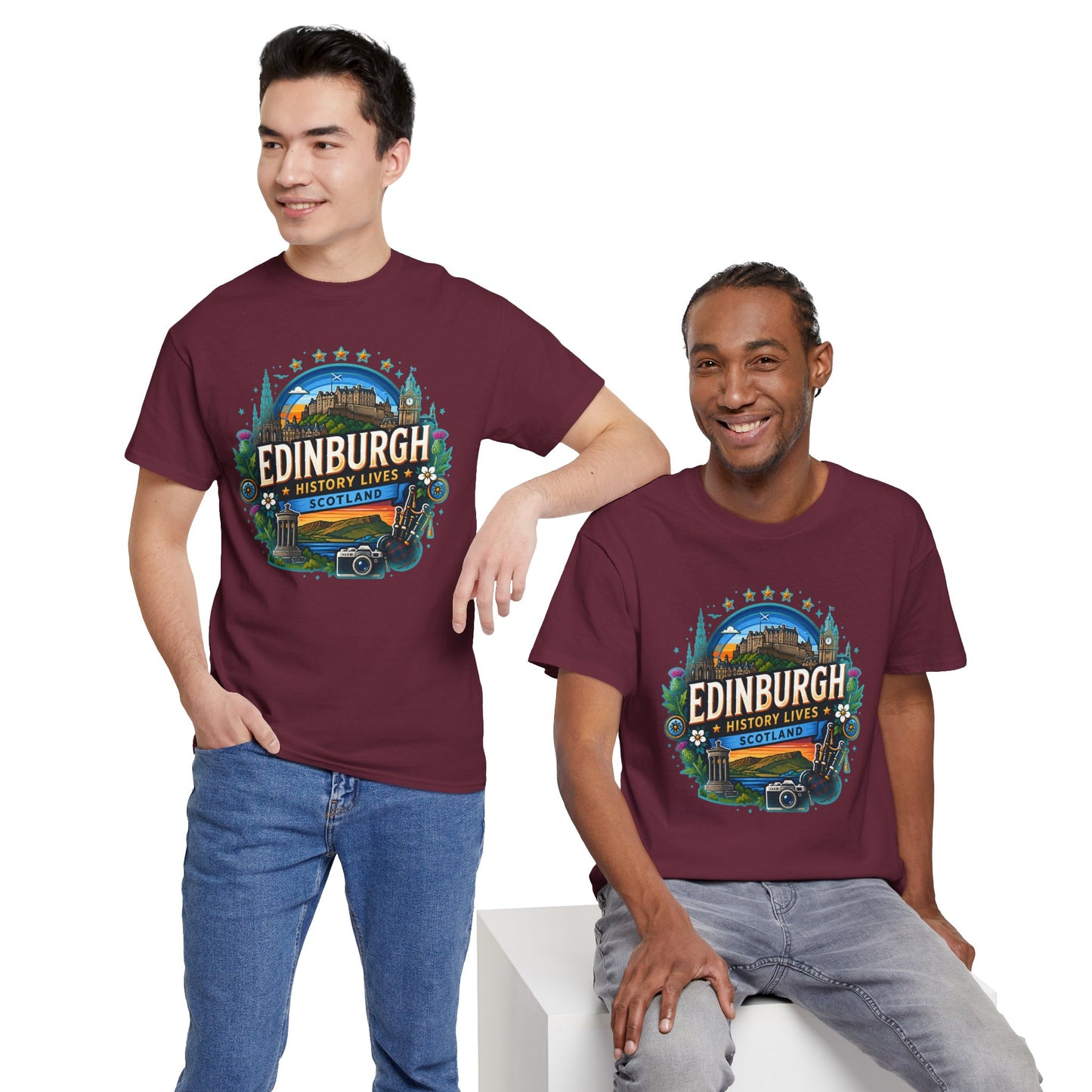 Burgundy travel T-shirt on two men, crew neck, short sleeves, front Edinburgh graphic