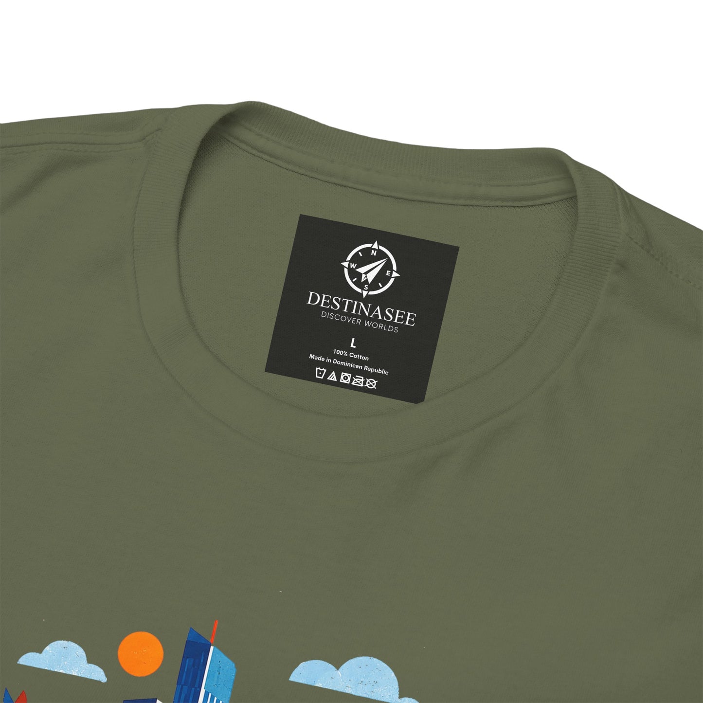 Olive green T-shirt back with small brand label near the neckline