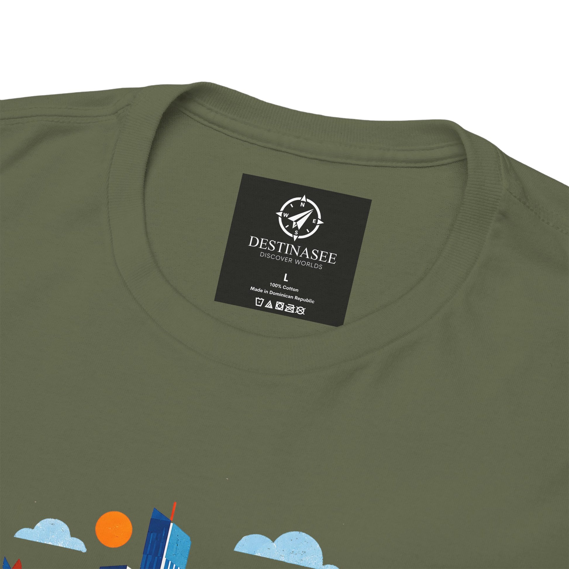 Olive green T-shirt back with small brand label near the neckline