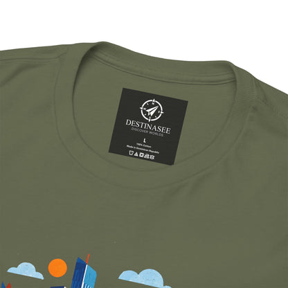 Olive green T-shirt back with small brand label near the neckline